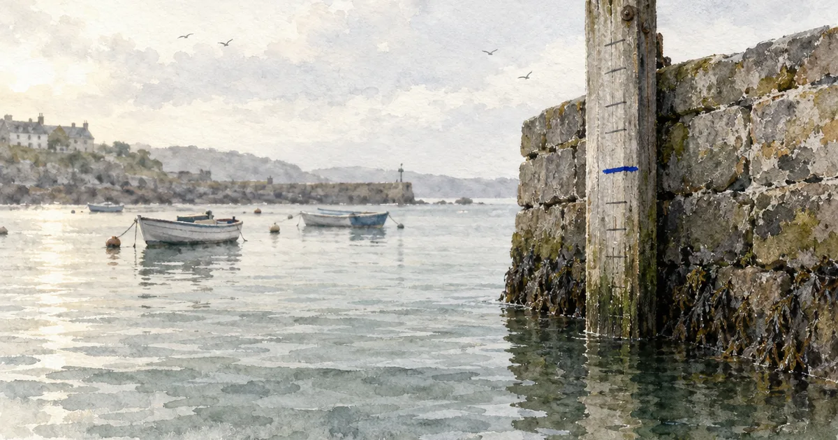 A watercolour of a weathered wooden tide post against a stone harbour wall, its notches marking water levels and one blue line above the waterline, with rowing boats moored behind.