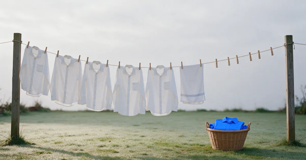 A clothesline across a frosty field on an overcast morning, with five white shirts and a towel pegged on the left, empty wooden pegs on the right, and a wicker basket of folded blue shirts on the grass below the empty pegs.