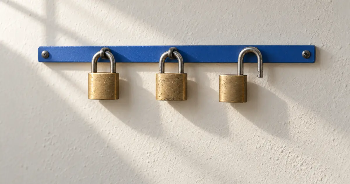 Three brass padlocks hanging from a blue steel rail on an off-white plaster wall, the one on the right with its shackle open.