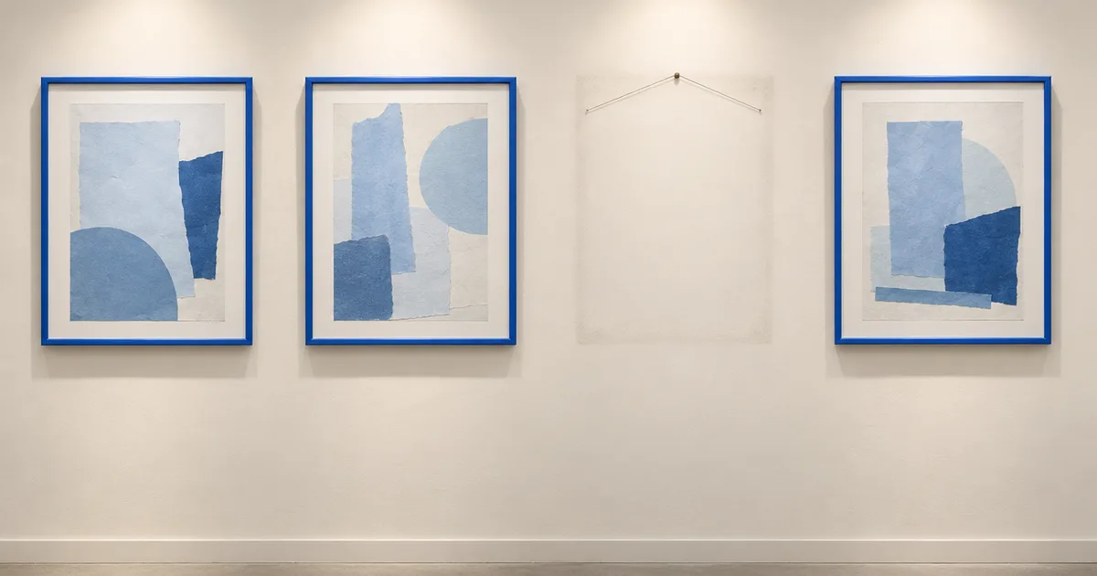 Four thin blue picture frames in a row on an off-white gallery wall; the third is empty, with only its hook and a dust outline.