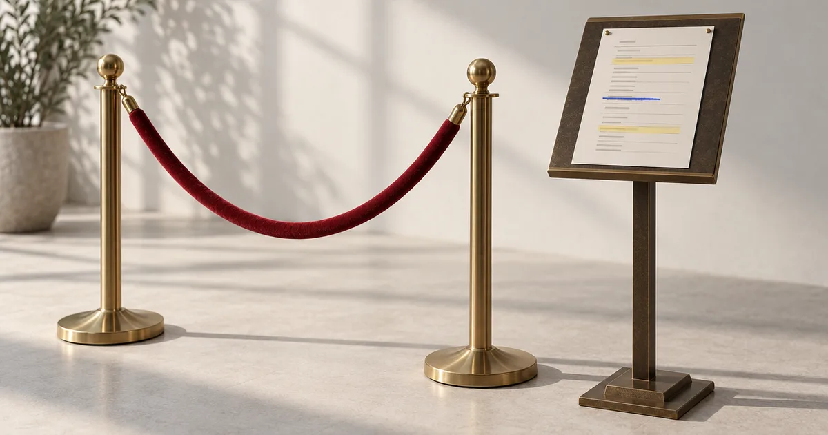 A velvet-rope stanchion next to a lectern holding a paper guest list, with one line struck through in blue pencil.